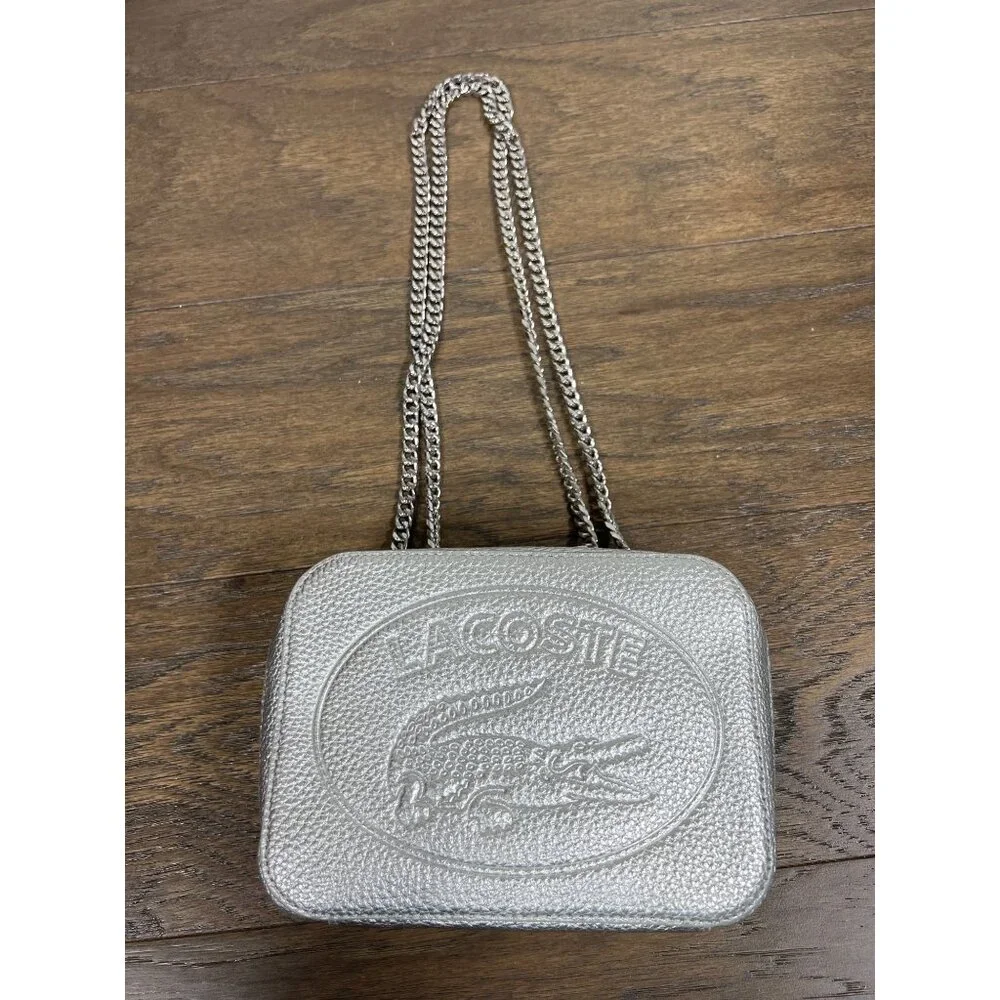 LACOSTE Croco Crew Silver Leather Bag with 2-way Chain Strap NF3245NJ EUC